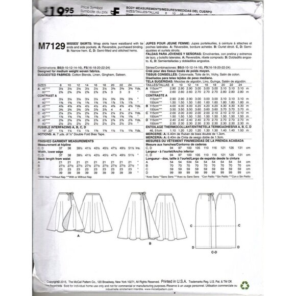 McCalls M7129 Misses 16 to 24 Learn to Sew Wrap Skirts Sewing Pattern New - Picture 2 of 2